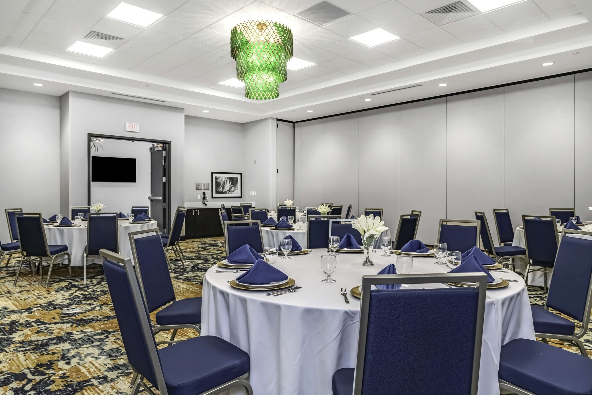 Meeting and event space set for a banquet