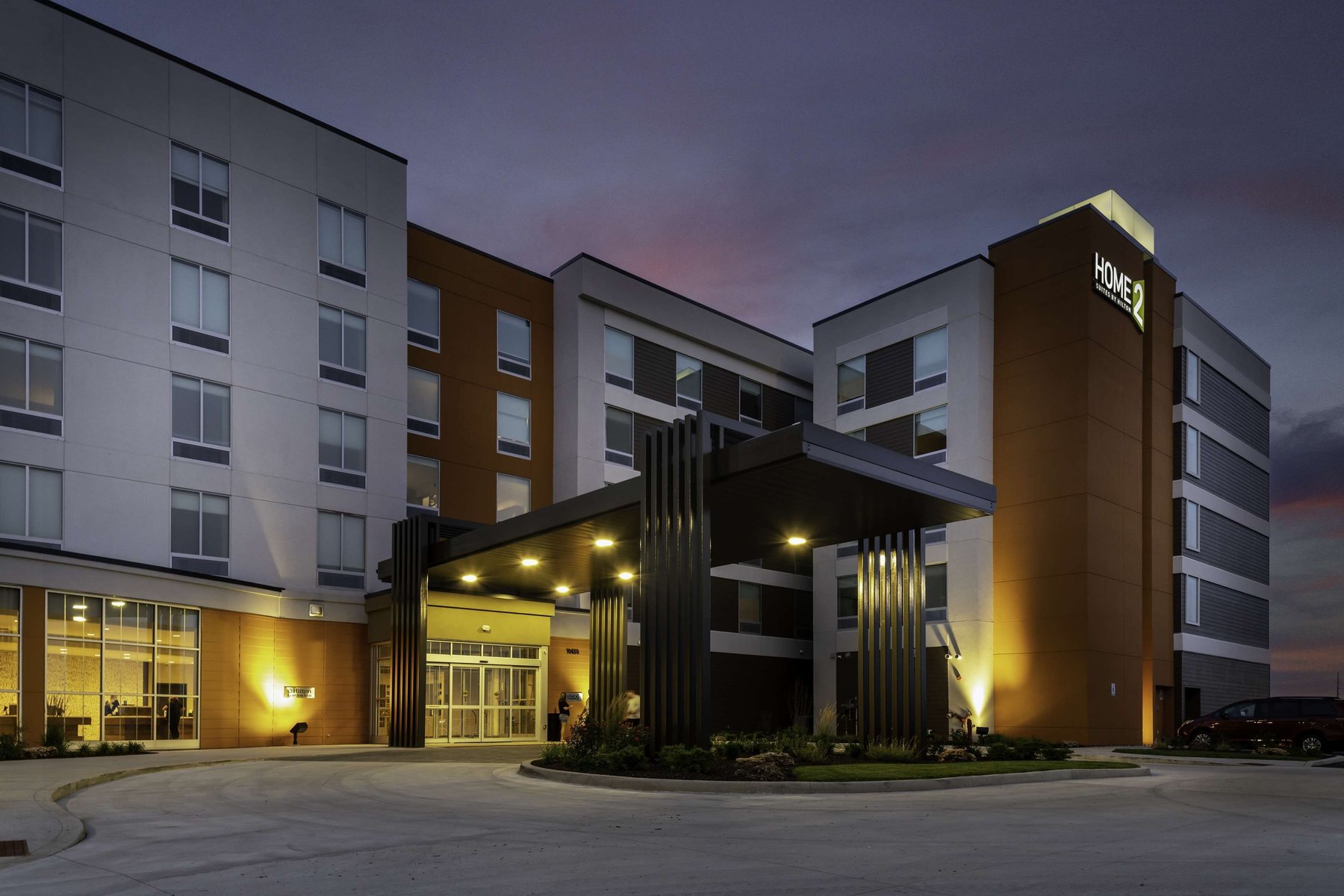 Home2 Suites exterior at dusk