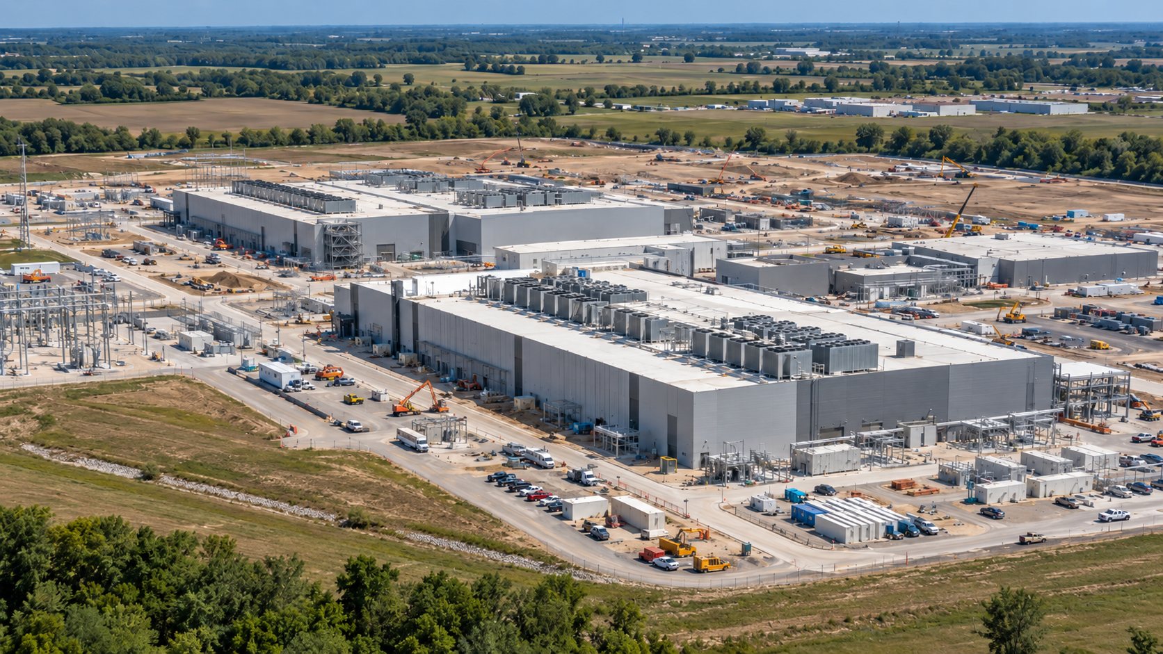 Aerial view of the Google data center campus under construction in Fort Wayne
